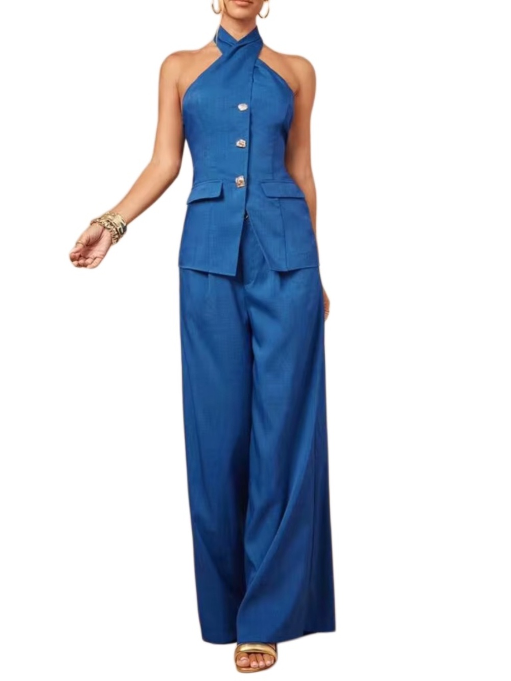 Lumalex Business Casual Blue Halter Top & Pants Women 2 Pieces Set